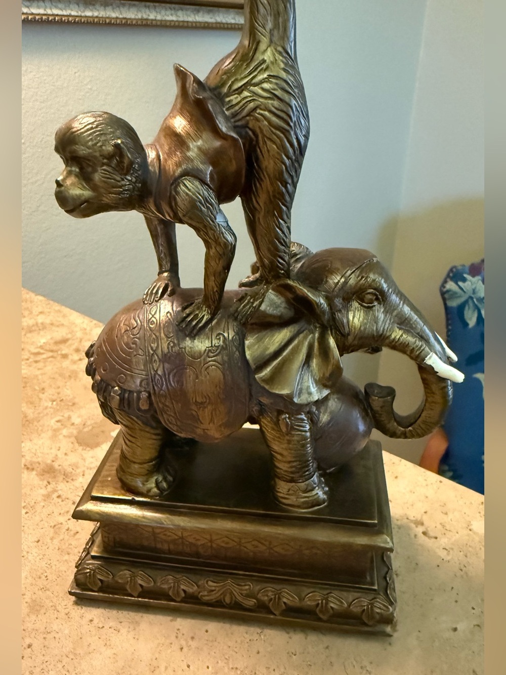 Vintage Bronze-Tone Elephant & Monkey Pedestal Pillar Candle Holder 12" High - Picture 4 of 6